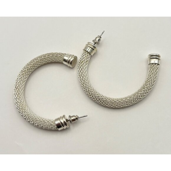 Vintage Silver Tone Mesh Wire Hoop Earrings Minimalist Elegant Retro - Picture 4 of 6